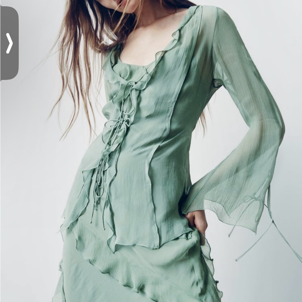 Zara Green Ruffled Blouse - Picture 2 of 3